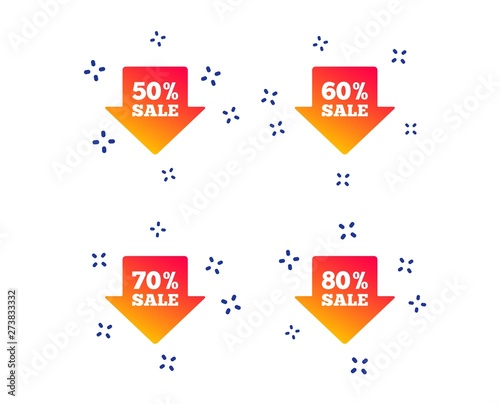 Sale arrow tag icons. Discount special offer symbols. 50%, 60%, 70% and 80% percent sale signs. Random dynamic shapes. Gradient discount icon. Vector