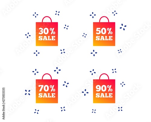 Sale bag tag icons. Discount special offer symbols. 30%, 50%, 70% and 90% percent sale signs. Random dynamic shapes. Gradient shopping icon. Vector