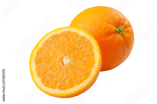 Citrus fruits high in vitamin C and refreshing summer juice concept theme with a full orange and one sliced in half isolated on white background and a clip path cut out