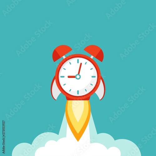 red alarm clock rocket ship with fire and clouds. time, watch, limited offer, deadline