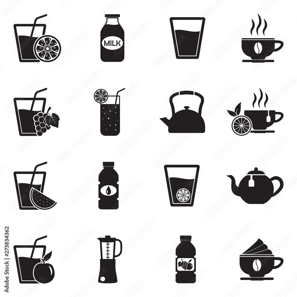 Healthy Drink Icons. Black Flat Design. Vector Illustration.