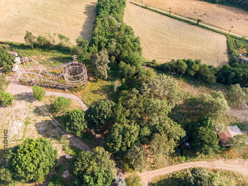 Nature and landscape, municipality of Solaro, Milano: Aerial view of a field, houses and homes, farming, grass green, countryside, farming, trees. Italy photo