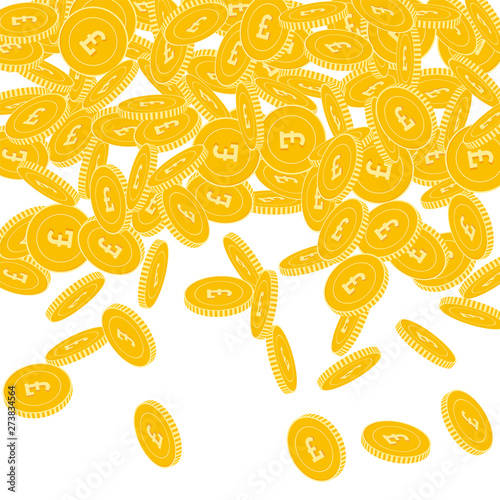 British pound coins falling. Scattered big GBP coi
