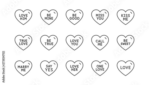 Sweet heart line icons. Sweetheart for valentines day, love heart, romantic message. Marry me, kiss me, one love icons. Valentine flirt, dating message. Linear set. Vector