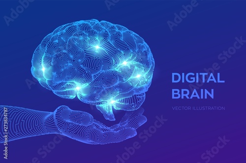 Brain. Digital brain in hand. 3D Science and Technology concept. Neural network. IQ testing, artificial intelligence virtual emulation science technology. Brainstorm think idea. Vector illustration.