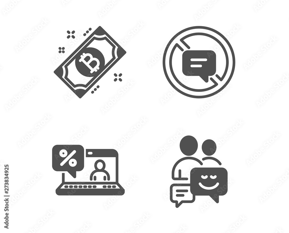 Set of Bitcoin, Online loan and Stop talking icons. Communication sign. Cryptocurrency coin, Discount percent, Do not talk. Business messages. Classic design bitcoin icon. Flat design. Vector Set of Bitcoin, Online loan and Stop talking icons. Communication sign. Cryptocurrency coin, Discount percent, Do not talk. Business messages. Classic design bitcoin icon. Flat design. Vector