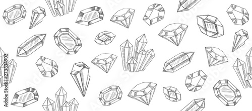 Pattern with geometric crystals and minerals. Hand drawn illustration