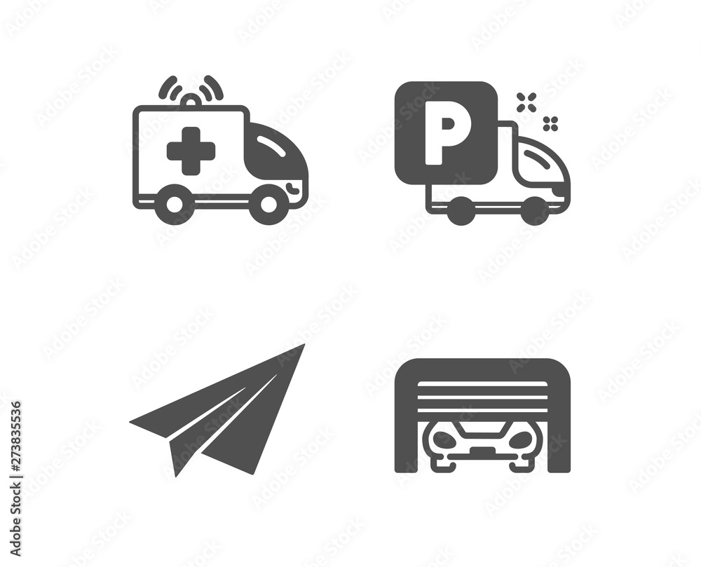 Set of Truck parking, Ambulance car and Paper plane icons. Parking garage sign. Free park, Emergency transport, Airplane. Automatic door.  Classic design truck parking icon. Flat design. Vector