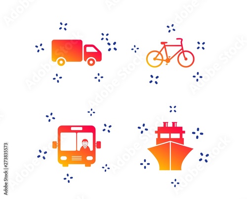 Transport icons. Truck  Bicycle  Public bus with driver and Ship signs. Shipping delivery symbol. Family vehicle sign. Random dynamic shapes. Gradient transport icon. Vector