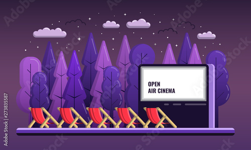 Vector Open Air Cinema flat Illustration With chairs And Night outdoor