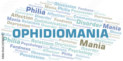 Ophidiomania word cloud. Type of mania, made with text only.