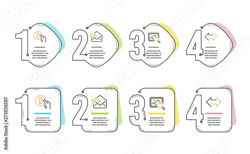 Search photo, Bitcoin pay and Send mail icons simple set. Sync sign. Find image, Cryptocurrency coin, Sent message. Synchronize. Technology set. Infographic timeline. Line search photo icon. Vector
