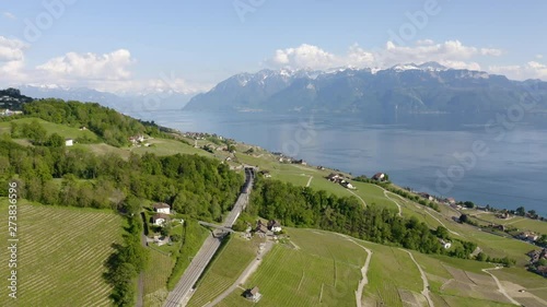 Aerial view of a train traveling through Lavaux Vineyard in Vaud, Switzerland. photo