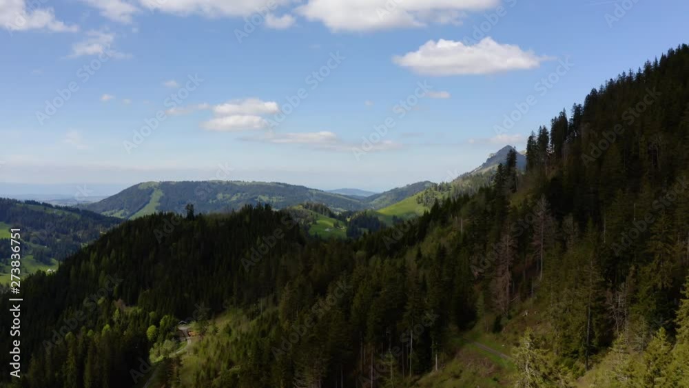 Aerial flyby of evergreen forest in Swiss Prealps, Le Moleson summit in the distance. Aerial flyby of evergreen forest in Swiss Prealps, Le Moleson summit in the distance.