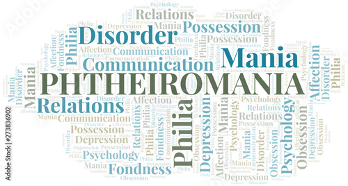 Phtheiromania word cloud. Type of mania, made with text only.