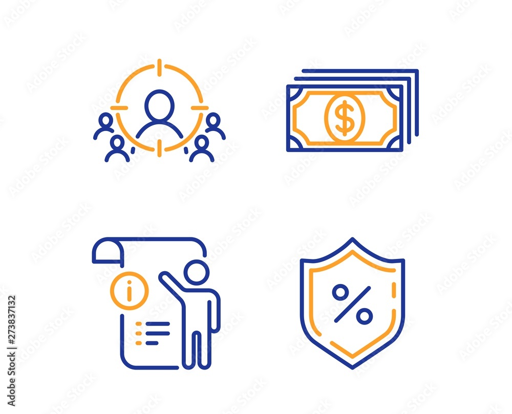 Fototapeta premium Manual doc, Payment and Business targeting icons simple set. Loan percent sign. Project info, Finance, People and target aim. Protection shield. Business set. Linear manual doc icon. Vector