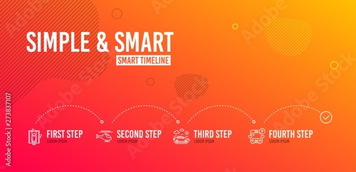 Infographic timeline. Elevator, Car travel and Helicopter icons simple set. Bus parking sign. Lift, Transport, Copter. Public park. Transportation set. 4 steps layout. Line elevator icon. Vector