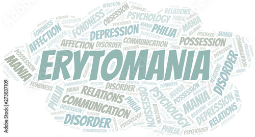 Erytomania word cloud. Type of mania, made with text only.