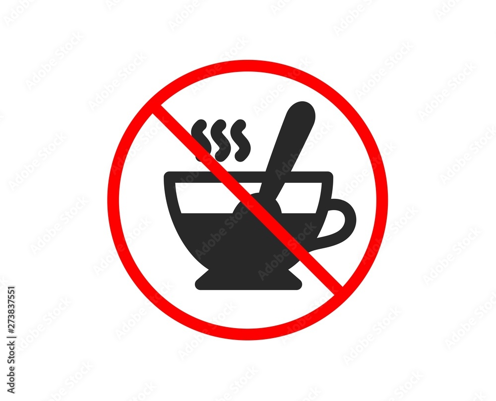 No or Stop. Cup with spoon icon. Fresh beverage sign. Latte or Coffee symbol. Prohibited ban stop symbol. No tea cup icon. Vector