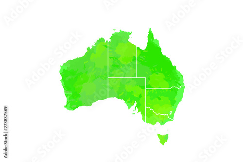 Australia watercolor map vector illustration in green color with different regions on white background using paint brush on paper