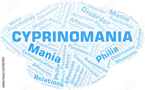 Cyprinomania word cloud. Type of mania, made with text only.