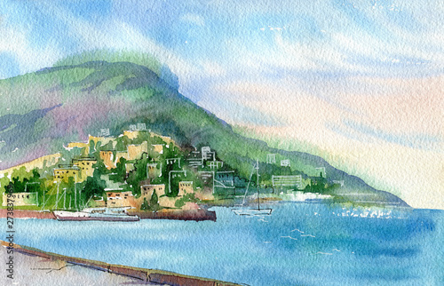 Beautiful watercolor landscape. View of the sea and Yalta . Crimea.