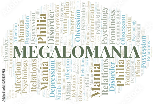 Megalomania word cloud. Type of mania, made with text only.