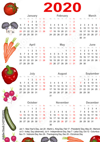 Kalender 2020 für die USA mit Markierung und Auflistung der gesetzlichen Feiertage umrandet mit verschiedenen Gemüsesorten