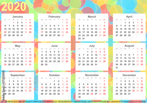 Kalender 2020 Hintergrund mit bunten Kreisen, jeder Monat auf weißen Quadraten und mit Feiertagen für die USA
