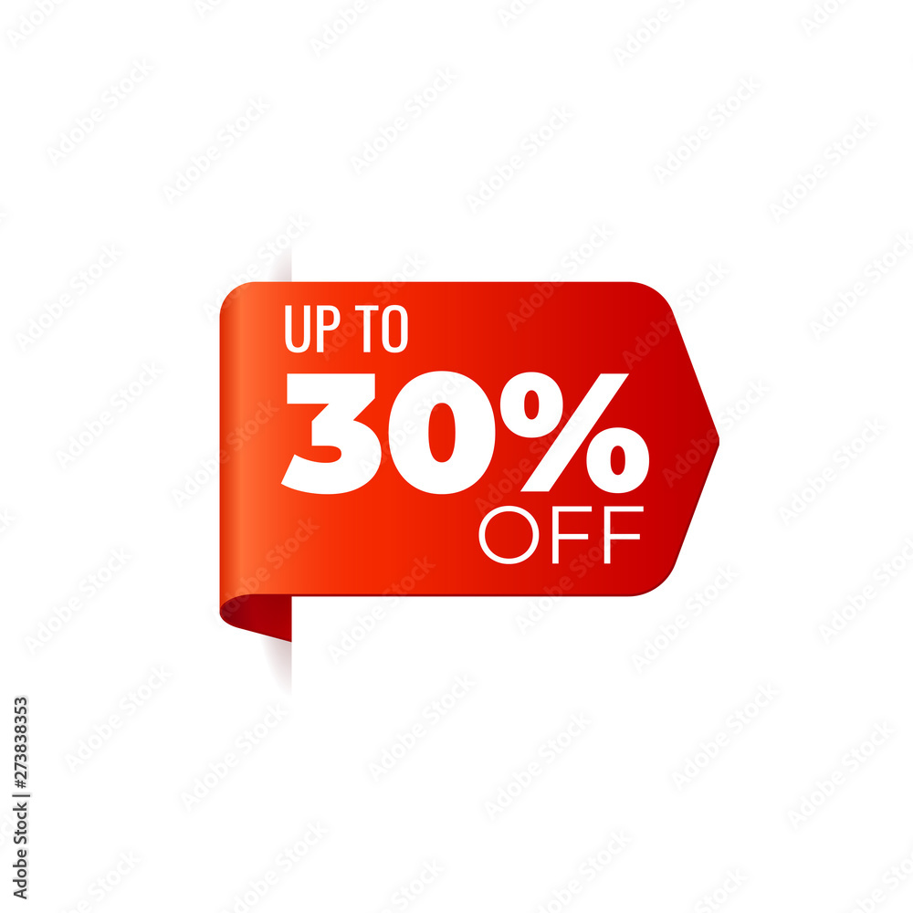 Red Vector Banner Ribbon on white background, left bookmark, up to 30 percent off Red Vector Banner Ribbon on white background, left bookmark, up to 30 percent off