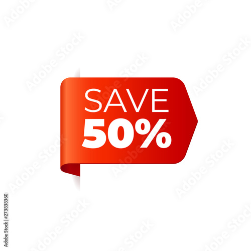 Red Vector Banner Ribbon on white background, left bookmark, save 50 percent