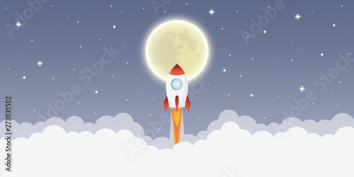 rocket launch into space to the moon in starry sky vector illustration EPS10