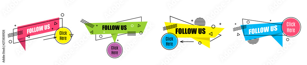 Fototapeta premium Vector set linear social media tag. Follow us. Isolated object on white background memphis style