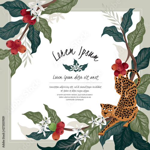 Canvastavla Vector illustration of a frame with leopards & coffee trees in Africa