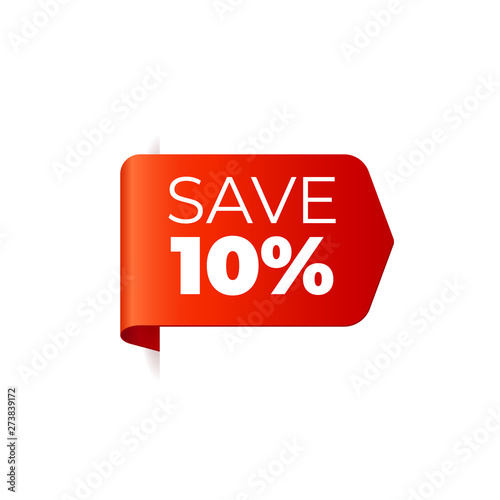 Red Vector Banner Ribbon on white background, left bookmark, save 10 percent