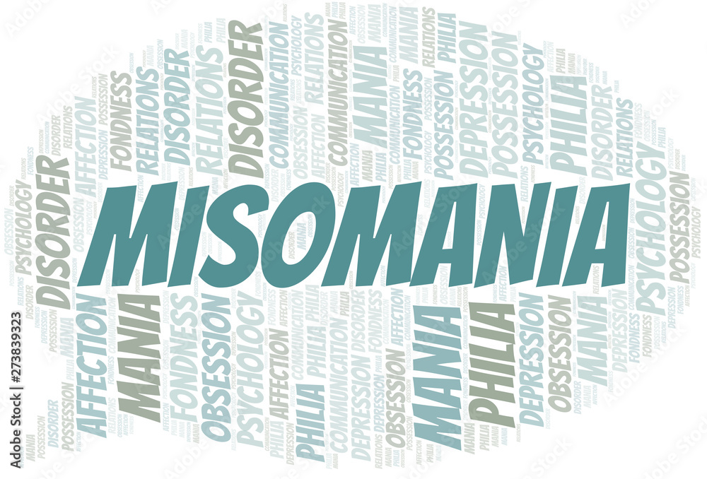 Obraz premium Misomania word cloud. Type of mania, made with text only.