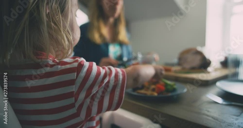 Young mother and toddler eating roast dinner