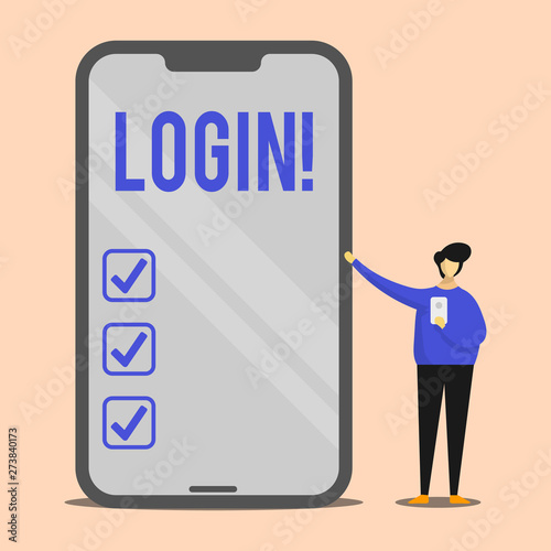 Handwriting text Login. Conceptual photo Act of entering into a computer database or system Starting session Man Presenting Huge Blank Screen Smartphone while Holding Another Mobile