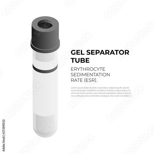 Gel separator vacutainer tube for ESR in isometric design, vector illustration isolated on white background. Vacuum tube with black cap infographic element, blood tube isometric icon.