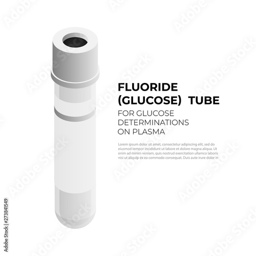 Fluoride vacutainer tube for glucose determinations on plasma in isometric design, vector illustration isolated on white background. Vacuum tube with grey cap infographic element, blood tube icon.