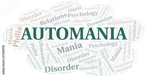 Automania word cloud. Type of mania, made with text only.