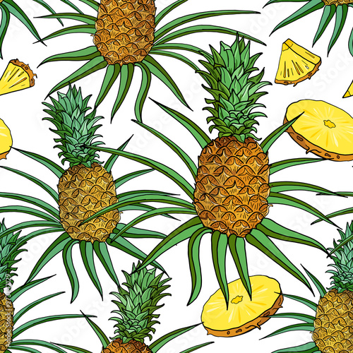 Pineapple with leaves,little chunks. Seamless pattern with piece of tropical fruits on white