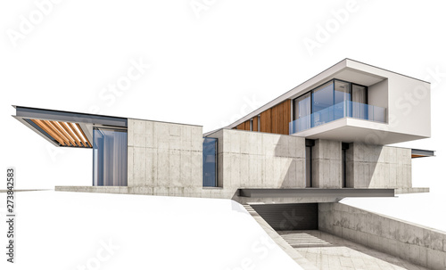 3d rendering of modern cozy house on the hill with garage and pool for sale or rent. Isolated on white