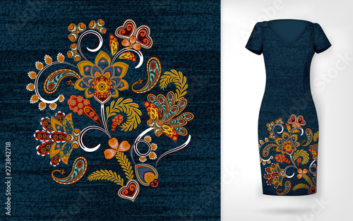 Vector fashion embroidery design for prints. Colorful flowers and leafs. Embroidered floral pattern.