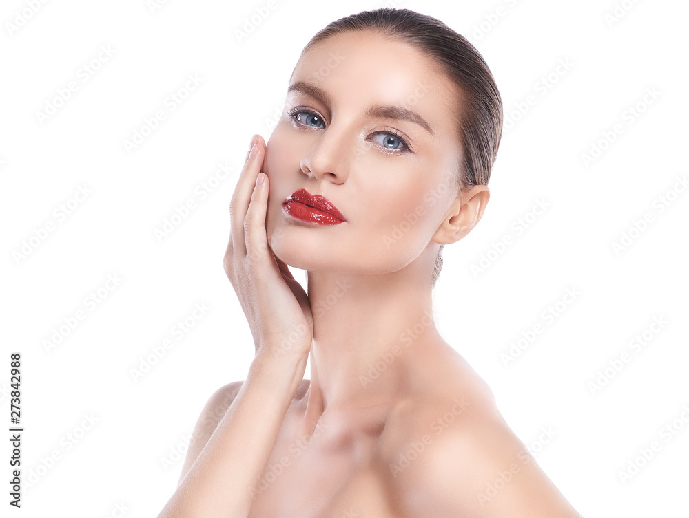Beauty Young woman with perfect facial skin. Gestures for advertisement treatment spa and cosmetology. Beauty Young woman with perfect facial skin. Gestures for advertisement treatment spa and cosmetology.