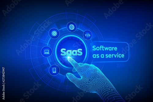 SaaS. Software as a service. Internet and technology concept on virtual screen. Development Concept. SAAS Computing IOT Industry. Robotic hand touching digital interface. Vector illustration.