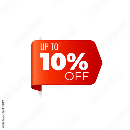 Red Vector Banner Ribbon on white background, left bookmark, up to 10 percent off