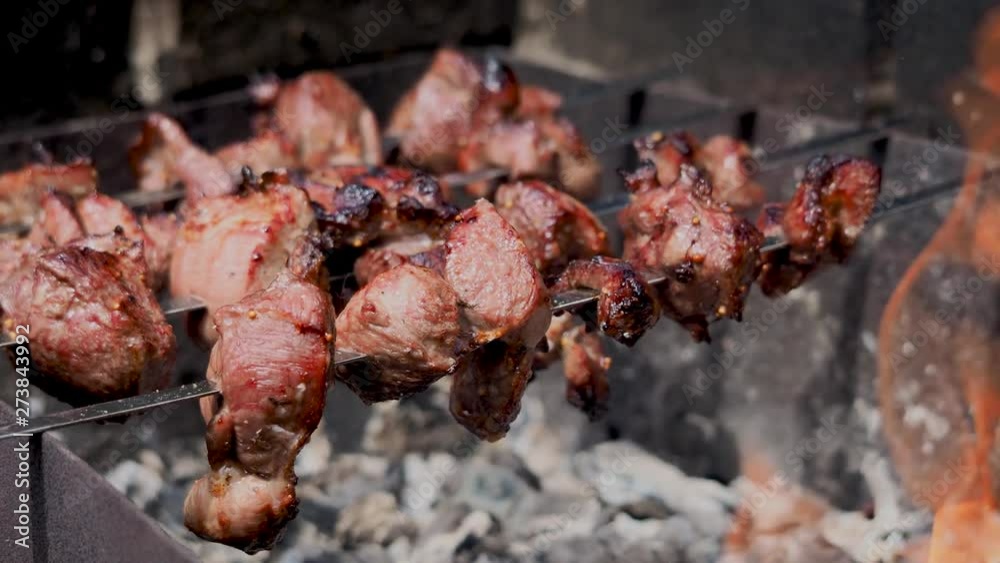 Preparing Shish Kebabs on Skewers over a Fire in Nature. Cooking shish-kebab or shashlik on skewers over a fire. Raw meat is cooked on charcoal grill Preparing Shish Kebabs on Skewers over a Fire in Nature. Cooking shish-kebab or shashlik on skewers over a fire. Raw meat is cooked on charcoal grill