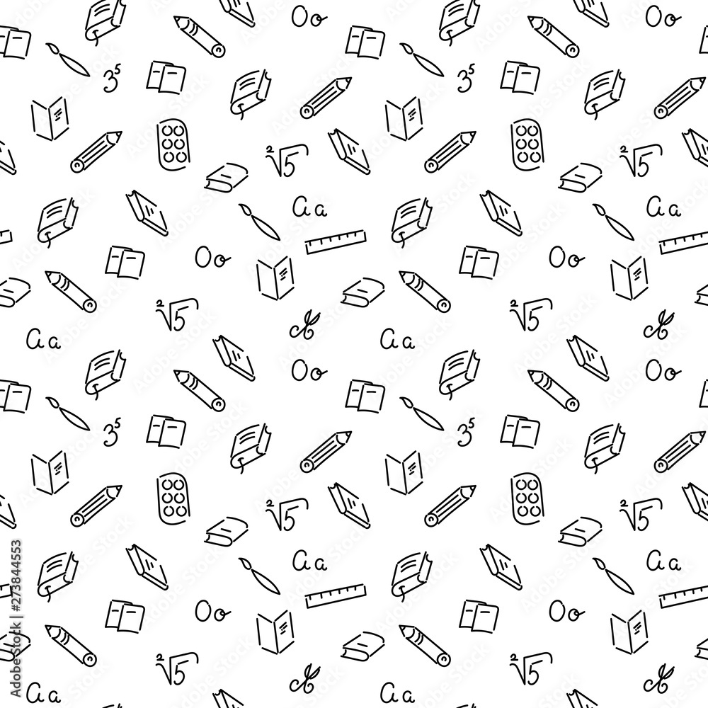 Doodle seamless pattern school writing supplies, books, pencils . Line vector art hand drawn. Suitable for fabrics, wrapping paper, notebook covers, Wallpaper, covers . Vector illustration. Doodle seamless pattern school writing supplies, books, pencils . Line vector art hand drawn. Suitable for fabrics, wrapping paper, notebook covers, Wallpaper, covers . Vector illustration.