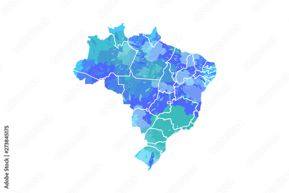 Brazil watercolor map vector illustration in blue color with different regions on white background using paint brush on page